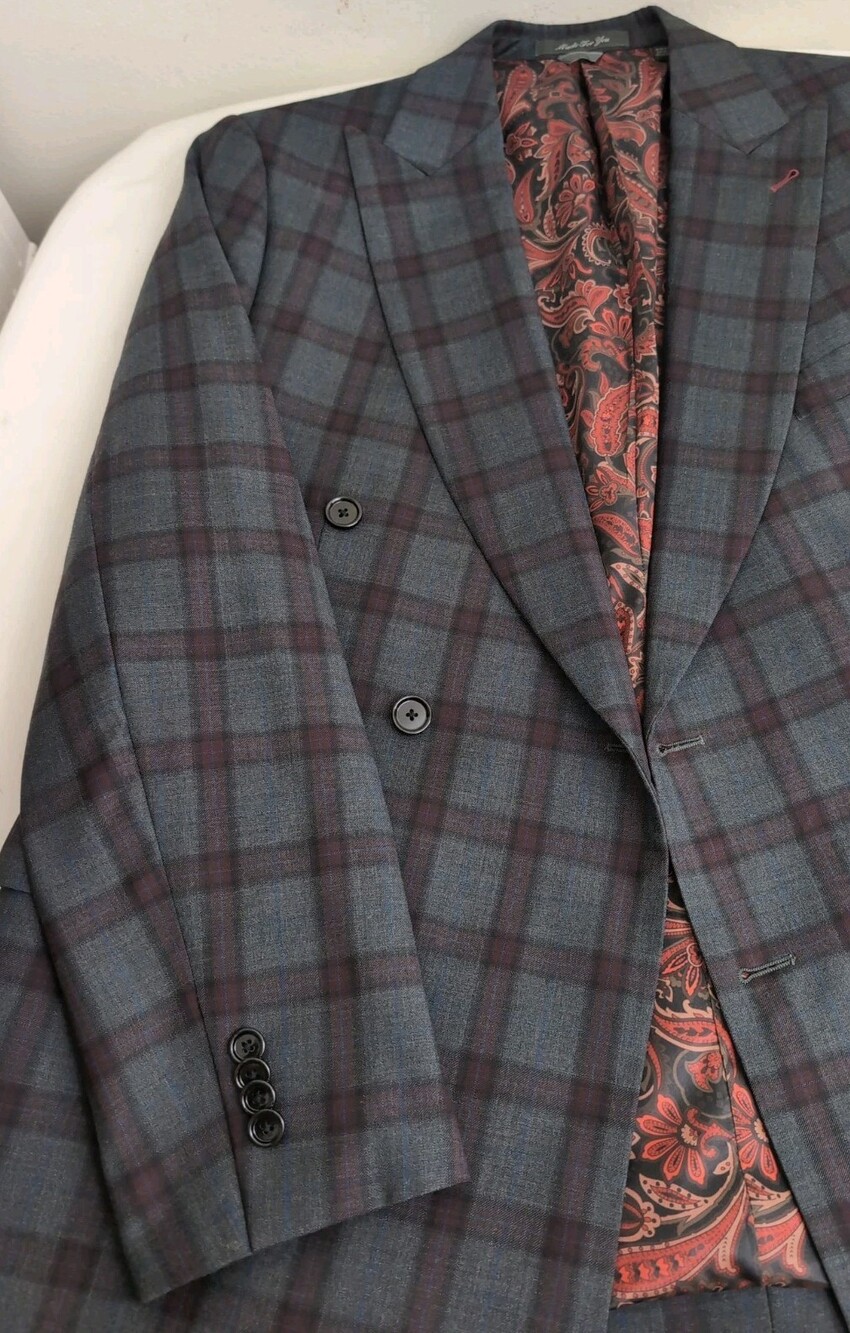 Indochino Men Gray Check Peak Lapel Double Breasted 2 Button Sport Coat Size 42R